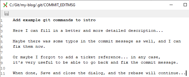 Text editor dialog with commit message editable
