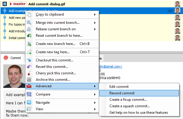 Git Extensions advanced menu for rewording commits