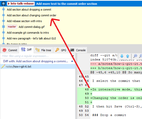 Git Extensions showing hunk belonging to a different commit