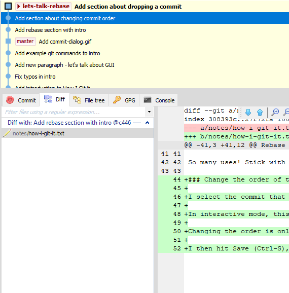 Git history showing that the commit has been squashed