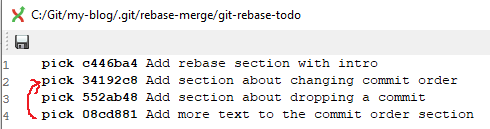 Rebase interactive dialog showing commit to be squashed into earlier commit