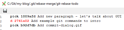 Rebase interactive dialog with commit to be dropped marked