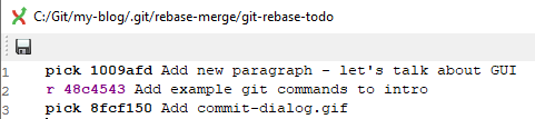 Rebase interactive dialog with commit to be reworded marked