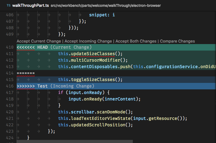 Visual Studio Code showing inline conflict resolution actions