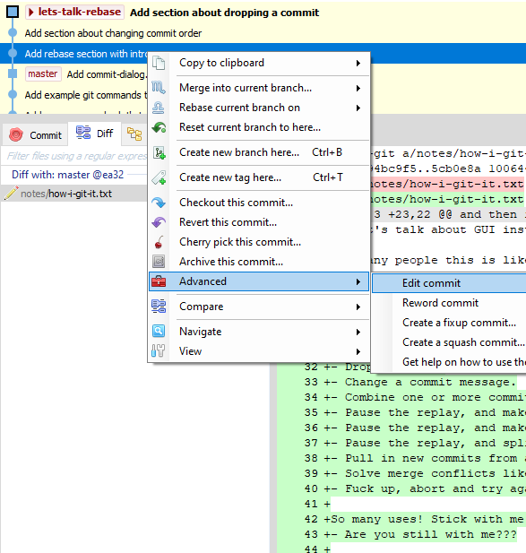 Git Extensions showing advanced menu to edit a commit