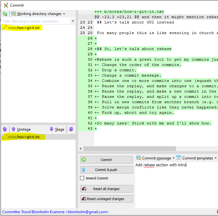 Commit dialog showing how to stage some of the changes and commit them