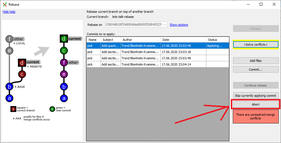 Git Extensions rebase dialog showing the Abort button