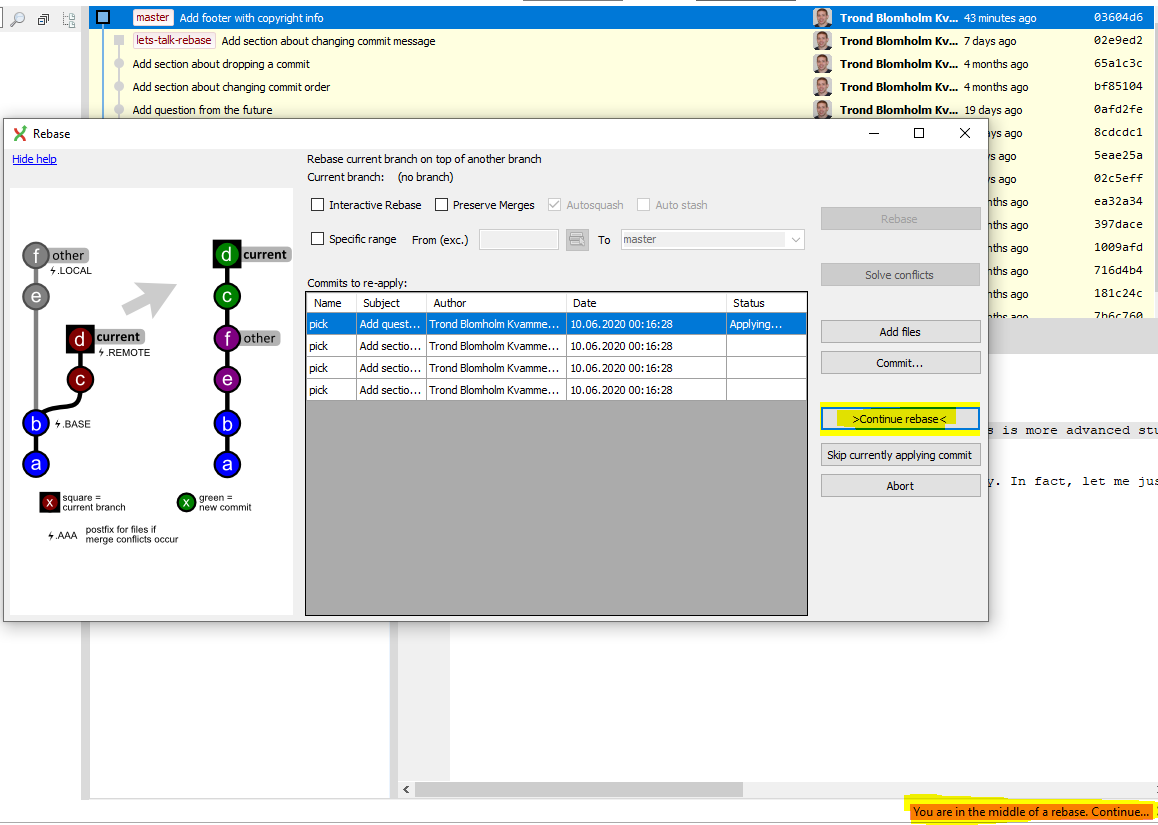 Git Extensions rebase options highlighting the continue rebase button