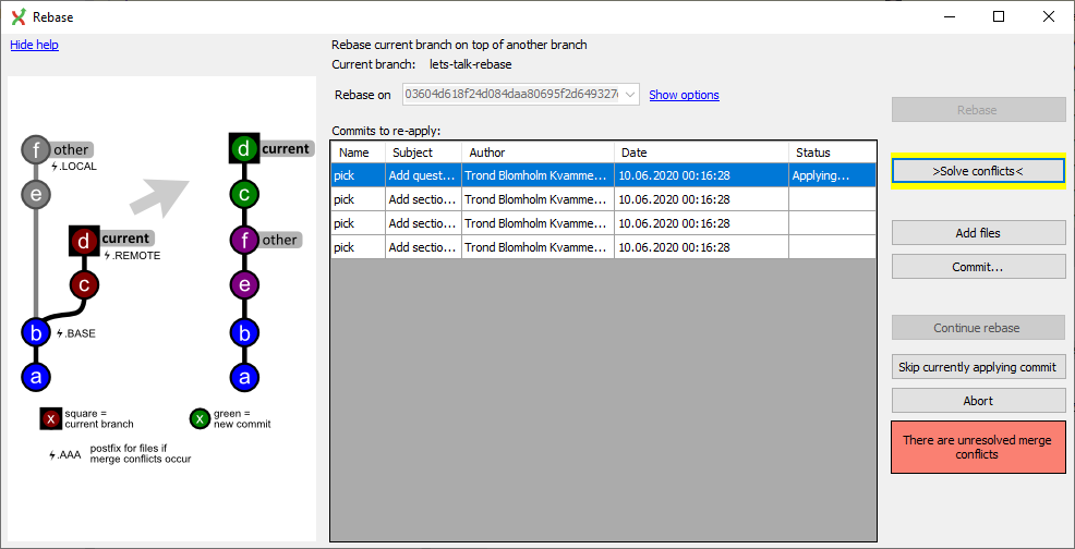 Git Extensions rebase options suggesting to solve merge conflicts